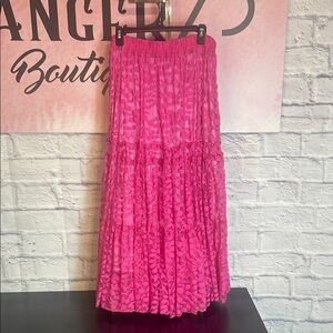 Whimsy Hot Pink Pleated Maxi Tiered  Skirt Size XL Tiered Lined Pull-on Flowy